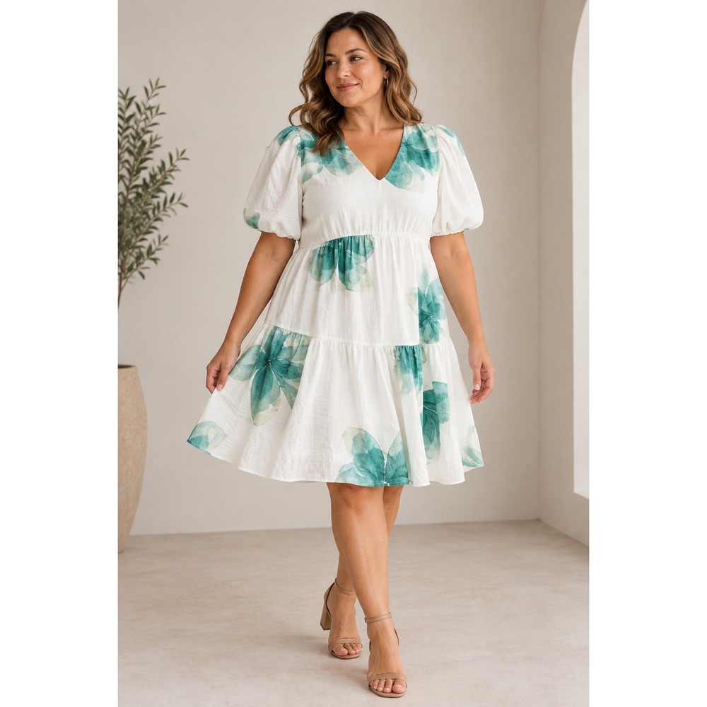 Nine West Dress Womens 1X White Teal Floral Puff Sleeve Tiered Babydoll
